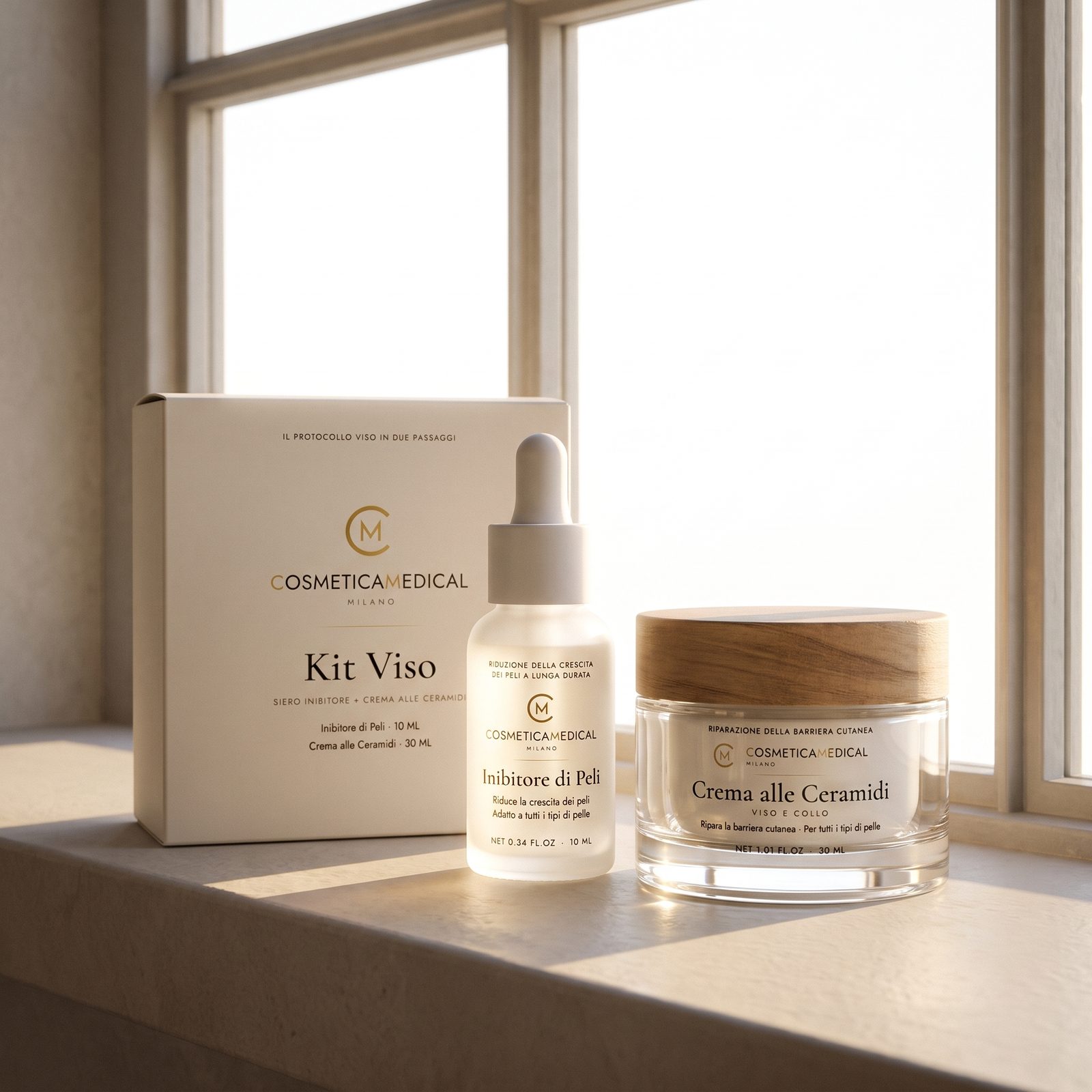 Il Kit Viso: siero inibitore e crema alle ceramidi sul davanzale