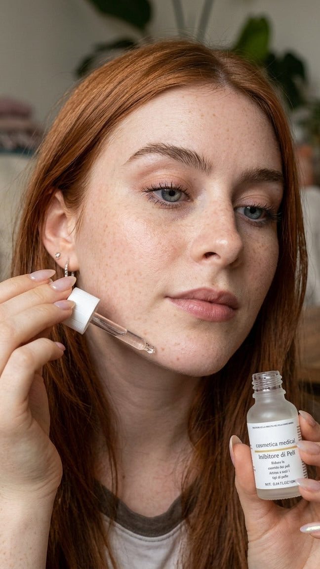 Donna che applica l'Inibitore di Peli Cosmetica Medical sul viso